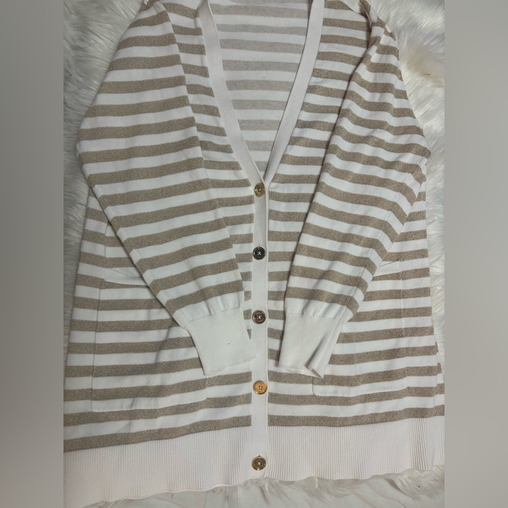 Michael Kors White and Tan Striped Cardigan
